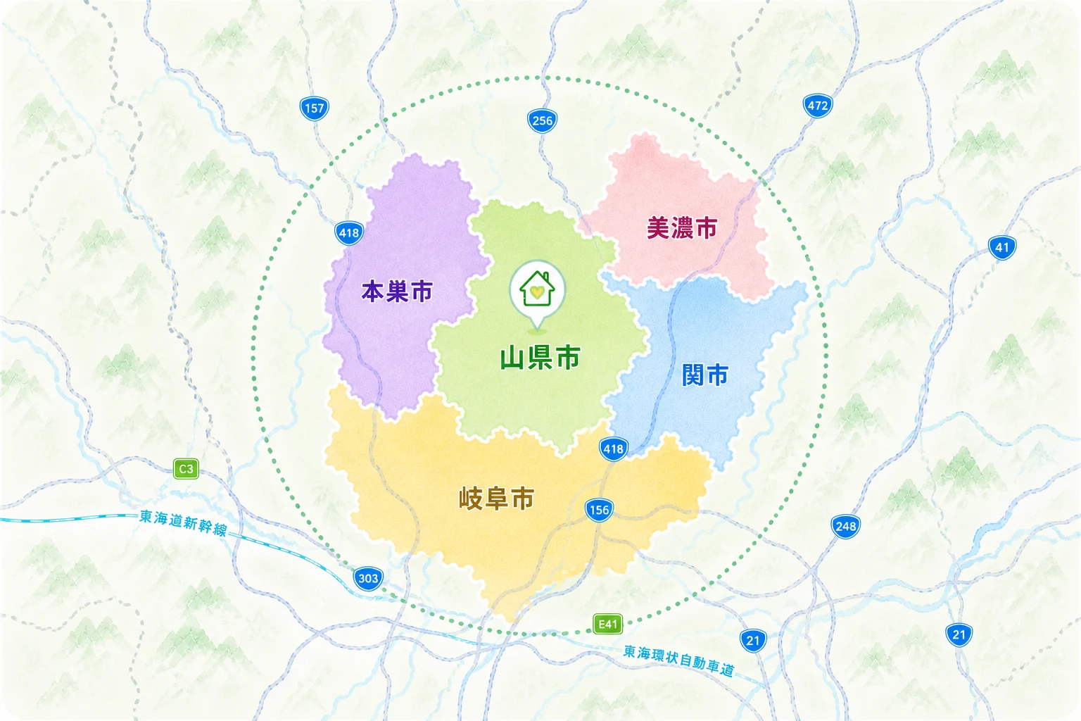 対応エリアマップ：山県市を中心に関市・美濃市・本巣市・岐阜市周辺